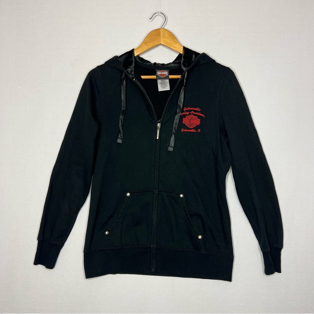 Harley Davidson Women’s Black Red Biker Sparkle Fleece Hoodie Sweater Size M - Picture 2 of 11